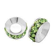 Brass Rhinestone Spacer Beads, Grade A, Rondelle, Silver Color Plated, Peridot, 9x4mm(RB-A020-9mm-07S)