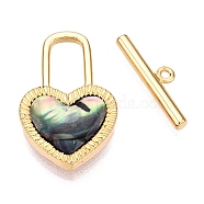 Brass Toggle Clasps, with Paua Shell Epoxy Resin, Heart, Real 18K Gold Plated, 20.5x13x3.5mm, Hole: 8.5x4.5mm, Bar: 4.5x16x2mm, Hole: 1.2mm(KK-N254-145G)