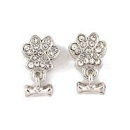 Rack Plating Alloy Rhinestone European Dangle Charms, Paw Print with Dog Bone Large Hole Pendants, Platinum, Crystal, 17.5mm, Bone: 7x8x2.5mm, Hole: 4.5mm(FIND-C055-19P-01)