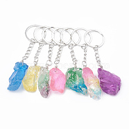 Dyed Natural Quartz Crystal Keychain, with Iron Findings, Nugget, Platinum, Mixed Color, 105~115mm, Pendant: 45~55x15~30x8~20mm, Ring: 18x2mm(G-T104-34)