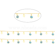 3.28 Feet Brass Curb Chains, with Enamel, Long-Lasting Plated, Soldered, Evil Eyes with Hamsa Hand /Hand of Miriam, Real 18K Gold Plated,Turquoise,1x1x1mm(X-CHC-I031-07G)
