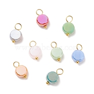Electroplate Opaque Glass Charms, with Golden Plated Brass Loops, Flat Round, Mixed Color, 12.5~13x8x4mm, Hole: 3~3.5mm(PALLOY-JF01538)