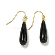 Ion Plating(IP) Natural Obsidian Dangle Earring, with Brass Earring Hook, Teardrop, 34~36x7~7.5mm(EJEW-C084-01G-06)