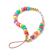 Acrylic Beads Beaded Mobile Straps, with Opaque Acrylic European Beads, Electroplated Natural Lava Rock Bead and Braided Nylon Thread, Heart & Flat Round with LOVE, Colorful, 20x0.7cm(HJEW-JM00580)