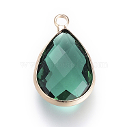 Glass Pendants, with Brass Findings, Faceted, teardrop, Light Gold, Green, 18x10.5x4.5mm, Hole: 1.8~2.3mm(X-GLAA-S110-B-08)