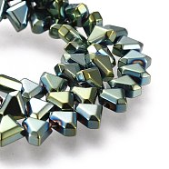 Electroplate Non-Magnetic Synthetic Hematite Beads Strands, Triangle, Faceted, Green Plated, 6x8x3.5mm, Hole: 1mm, about 70~73pcs/strand, 15.35 inch(39cm)(G-M359-01A)