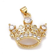 Brass Micro Pave Clear Cubic Zirconia Pendants, Crown, Real 18K Gold Plated, 25x24x6mm, Hole: 4.5x3.5mm(ZIRC-A021-45G)