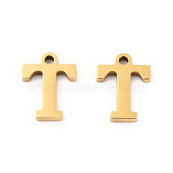 201 Stainless Steel Charms, Alphabet, Letter.T, 9x6.5x1mm, Hole: 1mm(STAS-N091-176T-LG)