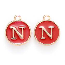 Golden Plated Alloy Enamel Charms, Cadmium Free & Lead Free, Enamelled Sequins, Flat Round, Red, Letter.N, 14x12x2mm, Hole: 1.5mm(ENAM-S118-03N)