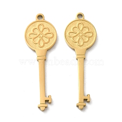 Ion Plating(IP) 316L Surgical Stainless Steel Pendants, Key with Flower, Real 18K Gold Plated, 27x9x1mm, Hole: 1.4mm(STAS-F302-09G-02)