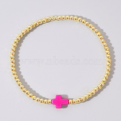 Brass Bead Stretch Bracelets for Women, with Plastic Cross, Deep Pink, 6-7/8 inch(17.5cm)(QZ0147-3)