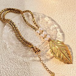 304 Stainless Steel Leaf Pendant Necklaces for Women, Golden, 20.28 inch(51.5cm)(NJEW-U038-02G)