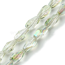 Transparent Electroplate Glass Beads Strands, Half Rainbow Plated, Faceted, Teardrop, Pale Green, 7~7.5x4x4mm, Hole: 1mm, about 70~71pcs/strand, 20.31''(51.6cm)(GLAA-K064-03A-HR02)