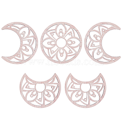 Hollow Wood Wall Hanging Ornaments, Wall Decor Door Decoration, Moon Phase with Flower Pattern, PapayaWhip, Moon: 200x165~200x5mm, 5pcs/set(AJEW-WH0323-36B-02)