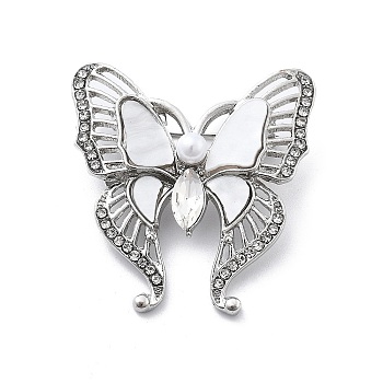 Butterfly Alloy Crystal Rhinestone Brooches, with Acrylic and ABS Imitation Pearl, Platinum, 32.5x31.5mm