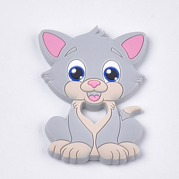 Food Grade Eco-Friendly Silicone Kitten Cabochons, Chewing Beads For Teethers, DIY Nursing Necklaces Making, Cartoon Cat, Light Grey, 90~91x64x9.5mm