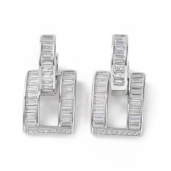 Clear Cubic Zirconia Rectangle Dangle Hoop Earrings, Brass Jewelry for Women, Platinum, 28mm, Pin: 1.1mm