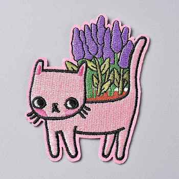 Computerized Embroidery Cloth Iron on/Sew on Patches, Costume Accessories, Appliques, Cat with Lavender Plant, Colorful, 85x70x1.8mm