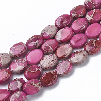 Natural Imperial Jasper Beads Strands, Dyed, Oval, Hot Pink, 8x6x3mm, Hole: 1mm , about 48~51pcs/Strand, 15.16 inch~15.94 inch(38.5~40.5cm)
