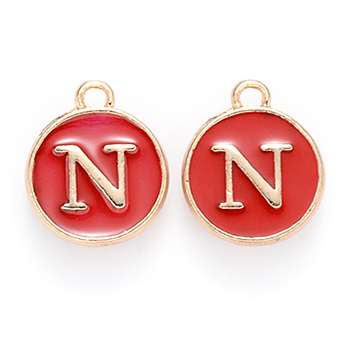 Golden Plated Alloy Enamel Charms, Cadmium Free & Lead Free, Enamelled Sequins, Flat Round, Red, Letter.N, 14x12x2mm, Hole: 1.5mm