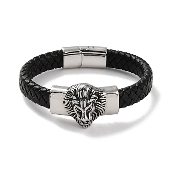 Men's Braided Black PU Leather Cord Bracelets, Lion 304 Stainless Steel Link Bracelets with Magnetic Clasps, Antique Silver, 8-5/8 inch(22cm)
