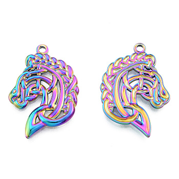 Ion Plating(IP) 201 Stainless Steel Pendants, Horse, Rainbow Color, 31.5x22.5x2mm, Hole: 2mm