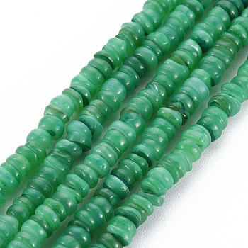 Natural Freshwater Shell Beads Strands, Dyed, Heishi Beads, Flat Round/Disc, Medium Sea Green, 3~4x0.3~3mm, Hole: 0.6mm, about 215~218pcs/strand, 14.96 inch~15.16 inch(38cm~38.5cm)