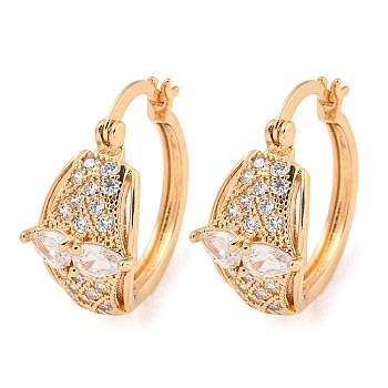 Brass Micro Pave Clear Cubic Zirconia Hoop Earrings, Leaf, Light Gold, 21x11mm
