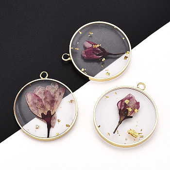 Transparent Clear Epoxy Resin Pendants, with Edge Golden Plated Brass Loops and Gold Foil, Flat Round Charms with Inner Flower, Purple, 33.8x30x4mm, Hole: 2.5mm