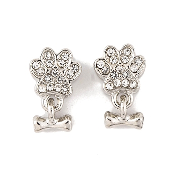 Rack Plating Alloy Rhinestone European Dangle Charms, Paw Print with Dog Bone Large Hole Pendants, Platinum, Crystal, 17.5mm, Bone: 7x8x2.5mm, Hole: 4.5mm