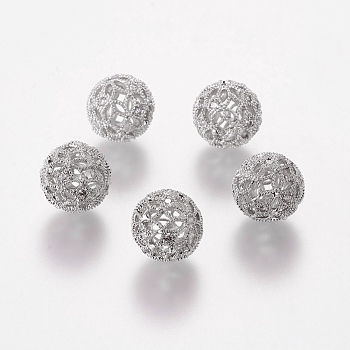 Brass Cubic Zirconia Beads, Round, Platinum, 12mm, Hole: 1mm