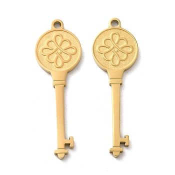 Ion Plating(IP) 316L Surgical Stainless Steel Pendants, Key with Flower, Real 18K Gold Plated, 27x9x1mm, Hole: 1.4mm