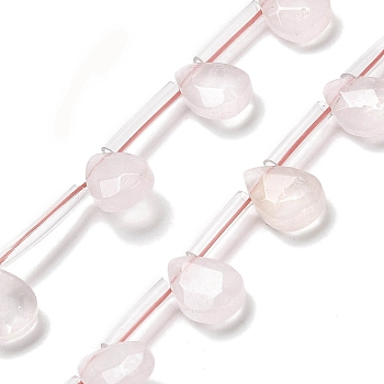 Natural Rose Quartz Beads Strands, Faceted, Teardrop, Top Drilled, 12x8x3.5mm, Hole: 0.9mm, about 28pcs/strand, 13.78''(35cm)