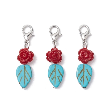 Dyed Synthetic Turquoise Leaf Pendants Decorations, Resin Rose & Lobster Claw Clasps Charms for Bag Ornaments, 37x9.5x7mm, Hole: 3mm