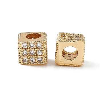 Real 18K Gold Plated Brass Micro Pave Cubic Zirconia Beads, Cube, Clear, 6.5x6.5x6mm, Hole: 3mm