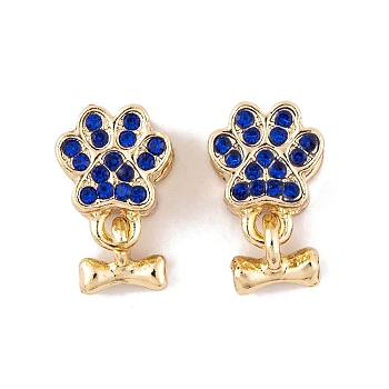 Rack Plating Alloy Rhinestone European Dangle Charms, Paw Print with Dog Bone Large Hole Pendants, Golden, Capri Blue, 17.5mm, Bone: 7x8x2.5mm, Hole: 4.5mm