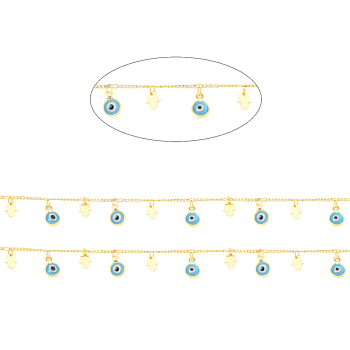 3.28 Feet Brass Curb Chains, with Enamel, Long-Lasting Plated, Soldered, Evil Eyes with Hamsa Hand /Hand of Miriam, Real 18K Gold Plated,Turquoise,1x1x1mm