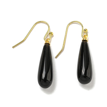 Ion Plating(IP) Natural Obsidian Dangle Earring, with Brass Earring Hook, Teardrop, 34~36x7~7.5mm
