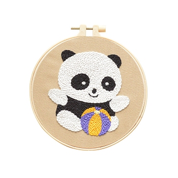 Animal Theme DIY Display Decoration Punch Embroidery Beginner Kit, Including Punch Pen, Needles & Yarn, Cotton Fabric, Threader, Plastic Embroidery Hoop, Instruction Sheet, Panda, 155x155mm