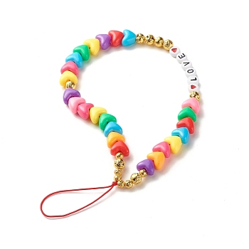 Acrylic Beads Beaded Mobile Straps, with Opaque Acrylic European Beads, Electroplated Natural Lava Rock Bead and Braided Nylon Thread, Heart & Flat Round with LOVE, Colorful, 20x0.7cm