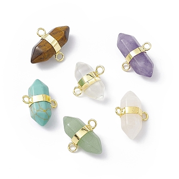 Natural  Mixed Gemstone Double Terminal Pointed Connector Charms, Faceted Bullet Links, with Rack Plating Gloden Tone Brass Findings, Cadmium Free & Lead Free, 19x15.5x9mm, Hole: 2mm