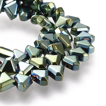 Electroplate Non-Magnetic Synthetic Hematite Beads Strands, Triangle, Faceted, Green Plated, 6x8x3.5mm, Hole: 1mm, about 70~73pcs/strand, 15.35 inch(39cm)
