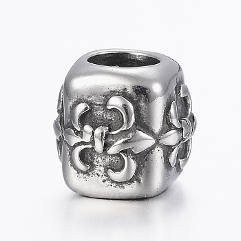 316 Surgical Stainless Steel European Beads, Large Hole Beads, Cube, Antique Silver, 9x9x10mm, Hole: 5mm