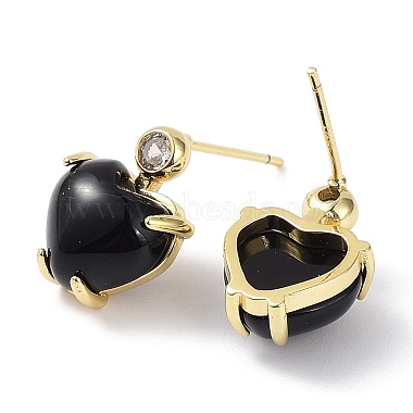 Heart Natural Black Agate Dangle Stud Earrings with Cubic Zirconia(EJEW-B027-23G)-2