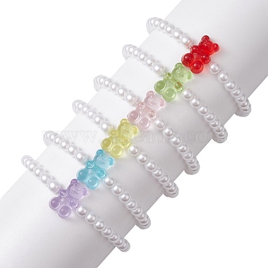 6Pcs 6 Color Acrylic Bear & Imitation Pearl Beaded Stretch Bracelets Set for Children(BJEW-JB10047)-3