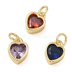 Brass Pave Cubic Zirconia Charms, Heart Charms, Rack Plating, Long-Lasting Plated, Lead Free & Cadmium Free, Real 18K Gold Plated, Mixed Color, 10x7.5x4.5mm, Hole: 4mm(CU-CBABEB3-02G)