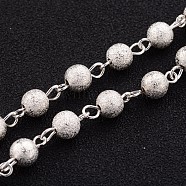 Brass Textured Beads Handmade Chains, Unwelded, Silver Color Plated, 39.3 inch(AJEW-JB00139-03)