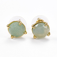 Natural Green Aventurine Stud Earrings, with Golden Tone Brass Findings, Faceted Flat Round, 11mm, Pin: 0.8mm(EJEW-L196-05C)