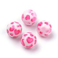 Opaque Printed Acrylic Beads, Round with Heart Pattern, Hot Pink, 10x9.5mm, Hole: 2mm(MACR-S271-10mm-21)