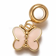 304 Stainless Steel European Dangle Charms, Large Hole Pendants, with Pink Enamel, Butterfly, Golden, 21mm, Hole: 4.5mm, Pendant: 12x12x3mm(STAS-I177-08G)